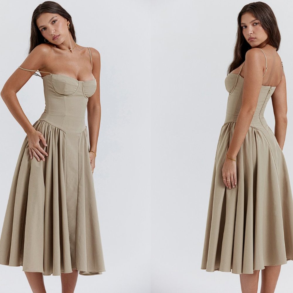 HOUSE OF CB 'Samaria' Taupe Corset Midi Sun Dress NWOT - Picture 6 of 16